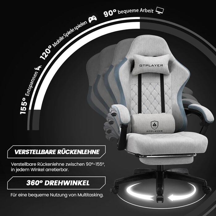 Ігровий крісло LUCKRACER з тканини, комп'ютерне крісло для офісу з підніжкою, racing крісло для геймерів, максимальне навантаження 150 кг, регульована спинка 90-135°, ергономічне крісло для ПК, поворот на 360°, сірий колір