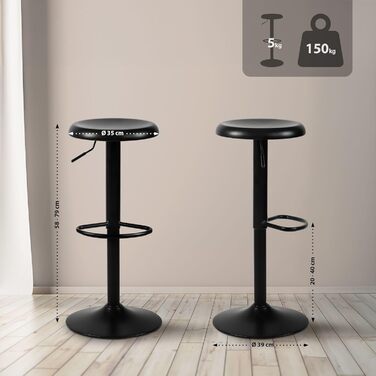 Набір з 2 барних стільців CLP Williston, регульована висота, з підніжкою, обертаються, з захистом для підлоги, чорний колір