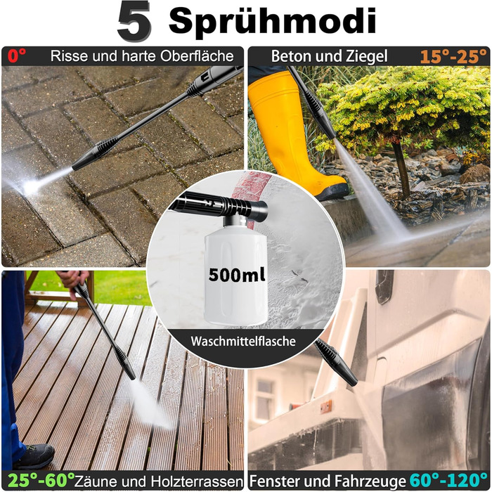 Високотискний мийник 180 бар, 6-в-1 насадка, продуктивність 420 л/год, площа очищення 50 м²/год, економний, з піночистою та барабаном для шлангу, для авто та під'їздів, червоний