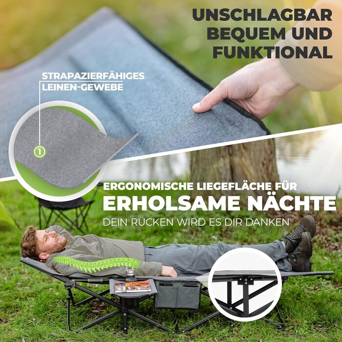 Розкладне ліжко для кемпінгу NORDICTRAILS XXL з м'яким матрацом, компактна похідна лежанка для відпочинку та рибальства, сіра (190 x 70 см)