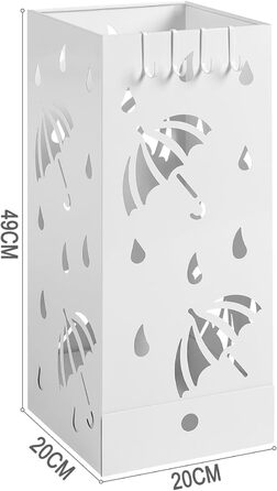 Підставка для парасольок Laneetal, квадратна підставка для парасольок, металева, знімний піддон для збору води, 4 гачки, 20x49x20см, біла