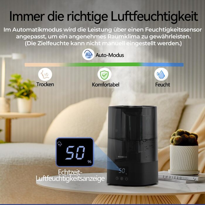Зволожувач повітря автоматичний для спальні та великих приміщень 4.5 л, з таймером, сенсором вологості, до 18 годин роботи, автовимкнення, 360° розпилення (Чорний)