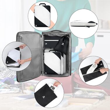 Набір компресійних органайзерів для одягу AiQInu, 5 шт, дорожні сумки-пакувальники з мішком для взуття та білизни, ультралегкі розширювані органайзери для валізи та ручної поклажі (Чорний)