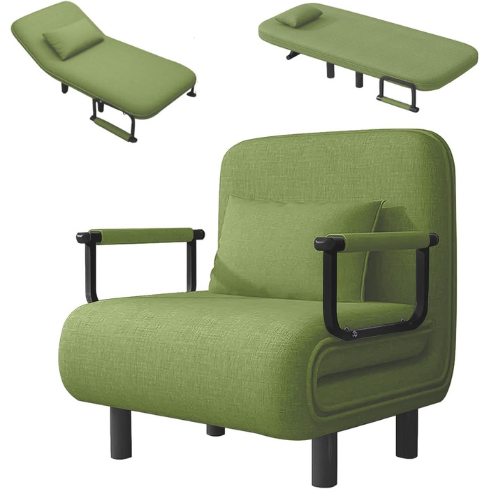 Крісло-ліжко Fabulcozy для дорослих, 4-в-1, сіре (зелене), 60x68x85 см. З металевим каркасом, з подушкою та підлокітниками. Великий комфорт.