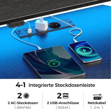 Комп'ютерний стіл Rolanstar L-подібний з RGB підсвічуванням та розетками, кутовий ігровий стіл, стіл для офісу, робочого кабінету, спальні (117 см, чорний, 137 x 137 x 87 см)