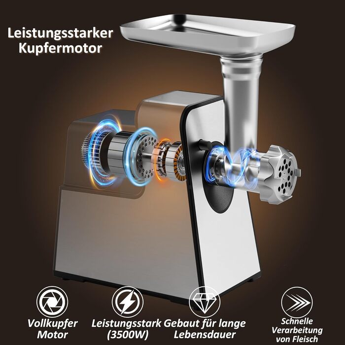 Електричний м'ясорубка STANEW Fleischwolf 3 в 1: м'ясорубка, машина для куббе та ковбас, нержавіюча сталь, 3,5 кг/хв, 3500 Вт