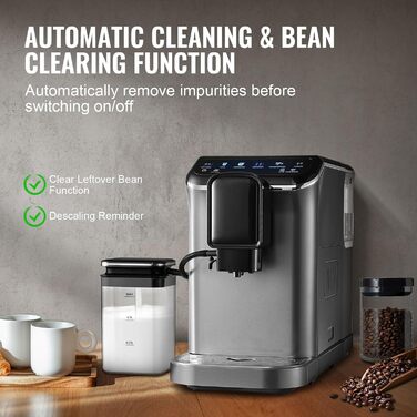 VEVOR Кавомашина автоматична, вбудована кавомолка, 15 ступенів помелу, резервуар для води 1,5 л, контейнер для кавових зерен 180 г (CM9002M-CB)
