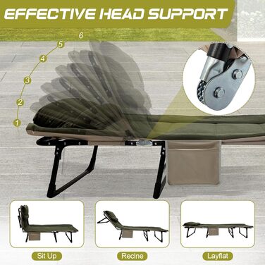 Розкладне кемпінгове ліжко XXL — Широка складана койка-розкладачка з регульованою спинкою для відпочинку, риболовлі та саду, зелена