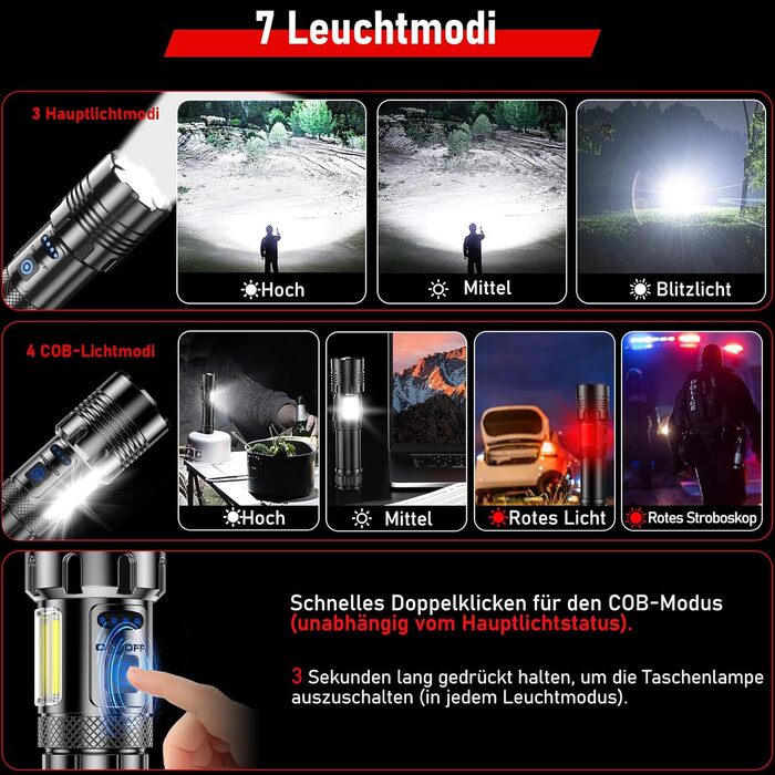 Потужний тактичний ліхтар Shadowhawk LED 500,000 Люмен, акумуляторний (USB), XHP70.2, водонепроникний IP67, 5 режимів світла з чохлом, чорний