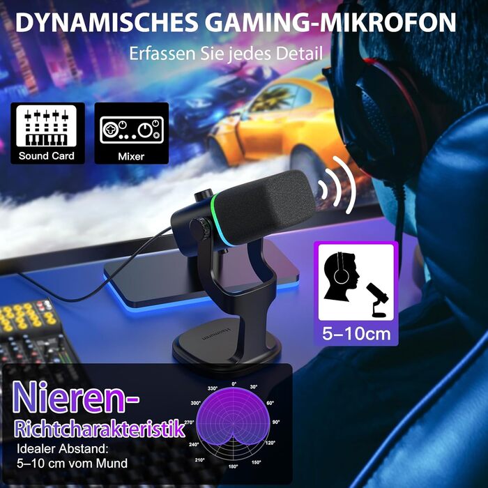 Динамічний XLR/USB мікрофон для геймінгу, подкастів, ПК, телефону, стрімінгу з RGB-підсвіткою, кнопкою вимкнення звуку, підсиленням, підставкою, для співу та YouTube