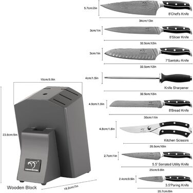 Набір кухонних ножів з японської сталі Дамаскус 9 предметів з дерев'яним блоком. Включає ніж кухарський, хлібний, сантоку, універсальний та для чищення. У подарунковій коробці сірого кольору.