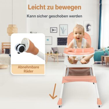 Дитячий стільчик для годування Twinky Hochstuhl Baby ECO з регульованою спинкою, функцією розкладання та столиком - підходить для новонароджених та дітей (Рожевий)