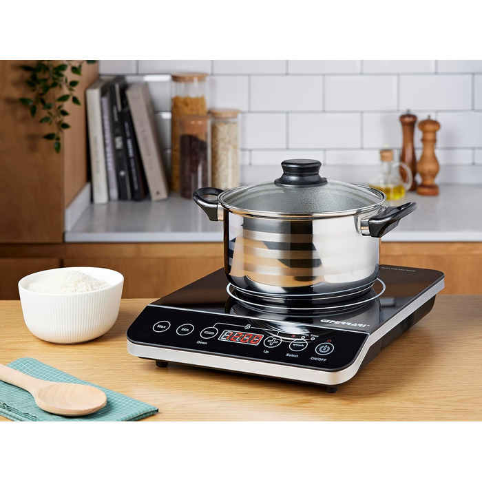 Індивідуальна індукційна плитка Ferrari Energy G10061, 2000W, цифровий дисплей, регулювання температури, легка чистка, велика поверхня приготування, таймер, Soft-Touch панель керування