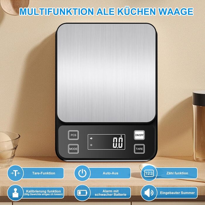 Кухонні ваги Diyife 10 кг, 0,1 г, з нержавіючої сталі, LCD-дисплеєм, функцією тарування та підрахунку, чорні