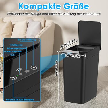 Набір з 2 електричних сміттєвих баків Dreamhigh® 12L з датчиком, автоматичним відкриванням, 3 режимами відкривання, тихим, водонепроникним корпусом для кухні, ванної, офісу, вітальні, чорний