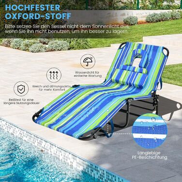 Лежак для відпочинку COSTWAY з отвором для обличчя, розкладний садовий лежак з 3 знімними подушками та 5-рівневим регулюванням спинки, лежак для пляжу, саду та басейну (Блакитно-зелений, 1 шт.)
