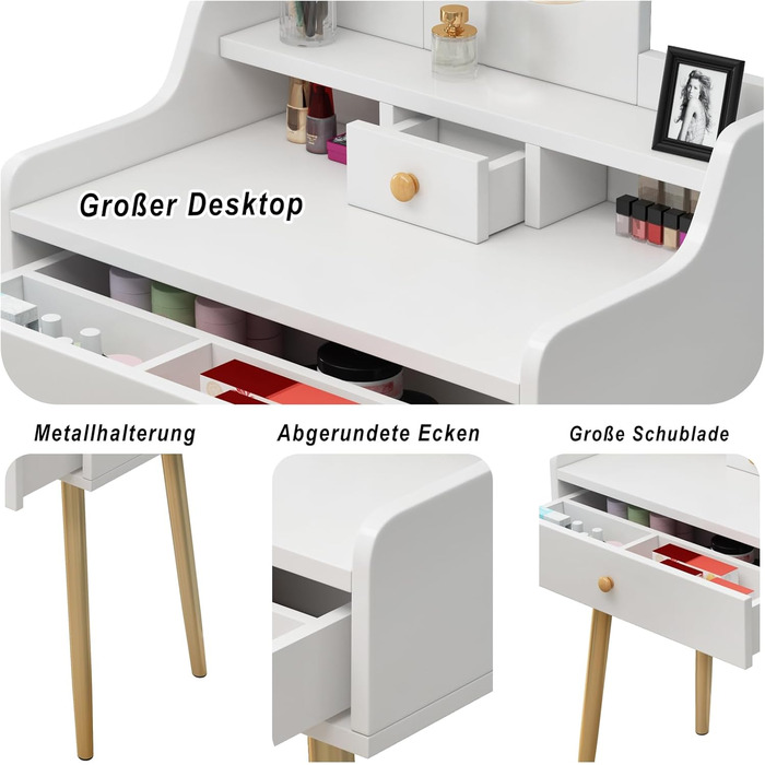 Дзеркальний туалетний столик DATO з LED-підсвічуванням, 3 режими кольору та регулюванням яскравості, з пуфом, 5 шухляд та 3 полиці, розсувний дзеркало (121)