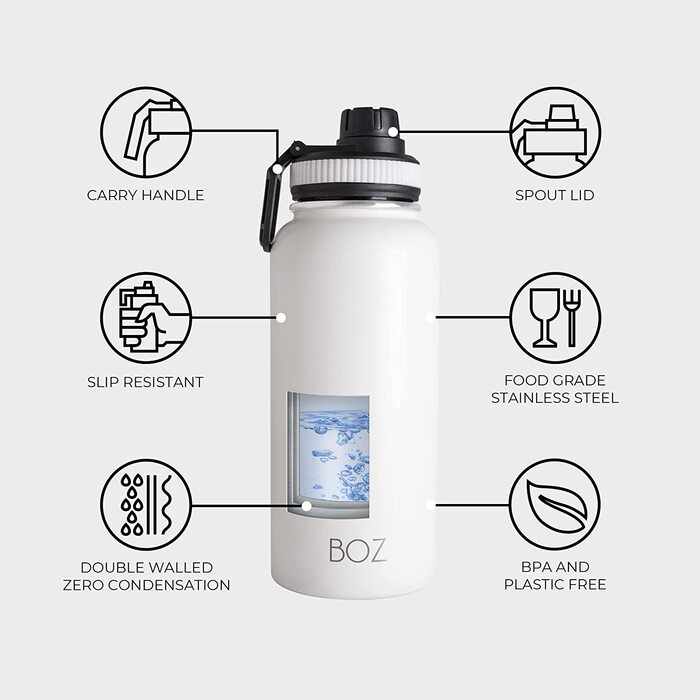 Пляшка для пиття з нержавіючої сталі BOZ XL (1 л / 32 Унції) з широкою шийкою, без бісфенолу А, з вакуумною ізоляцією з подвійними стінками (Біла)