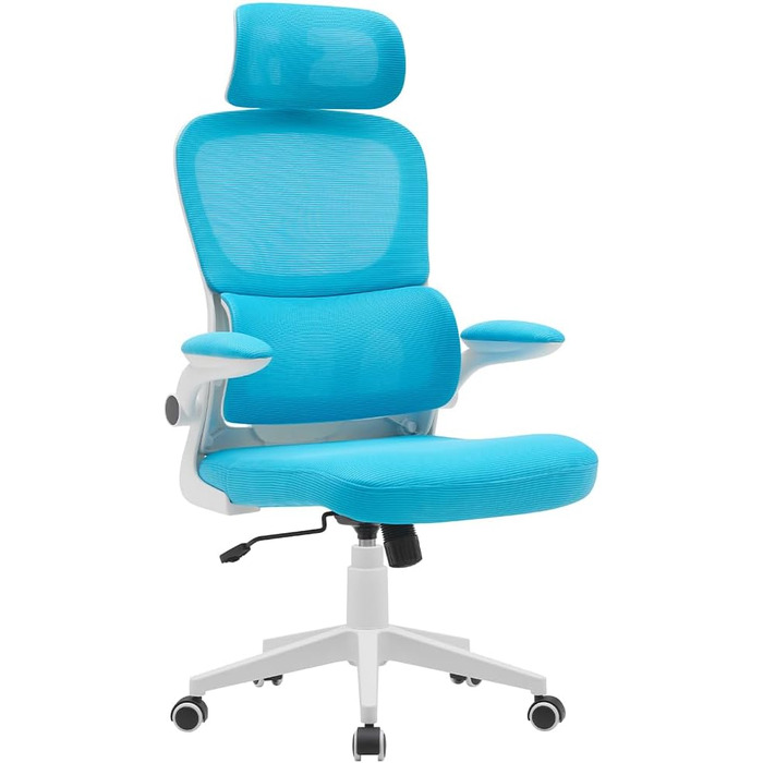 Ергономічне крісло BAKAJI для офісу з підтримкою попереку та підголівником, обертове, регульоване по висоті, дихаючий матеріал, антипотійна тканина (Світло-блакитний)