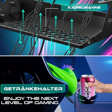 КЕССЕР® Ігровий стіл з підсвічуванням LED 140x60 см | З-подібний стіл для геймерів | Кріплення для навушників та вугільна обробка | Ергономічний стіл для ПК | Стабільний стіл з тримачем для напоїв, чорний