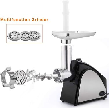 Електрична м'ясорубка з нержавіючої сталі з 3-ма дисками, ножем та насадкою для кубиків, ETL-сертифікат, 2000 Вт, чорний