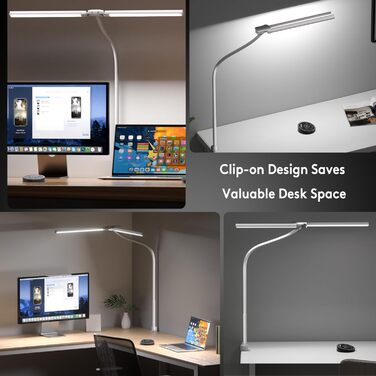 Світлодіодна лампа настільна для дітей з двома головками, захист очей, 16W, 72см, денне світло, з пультом, регулювання яскравості, гнушкий шийний механізм, матовий білий колір