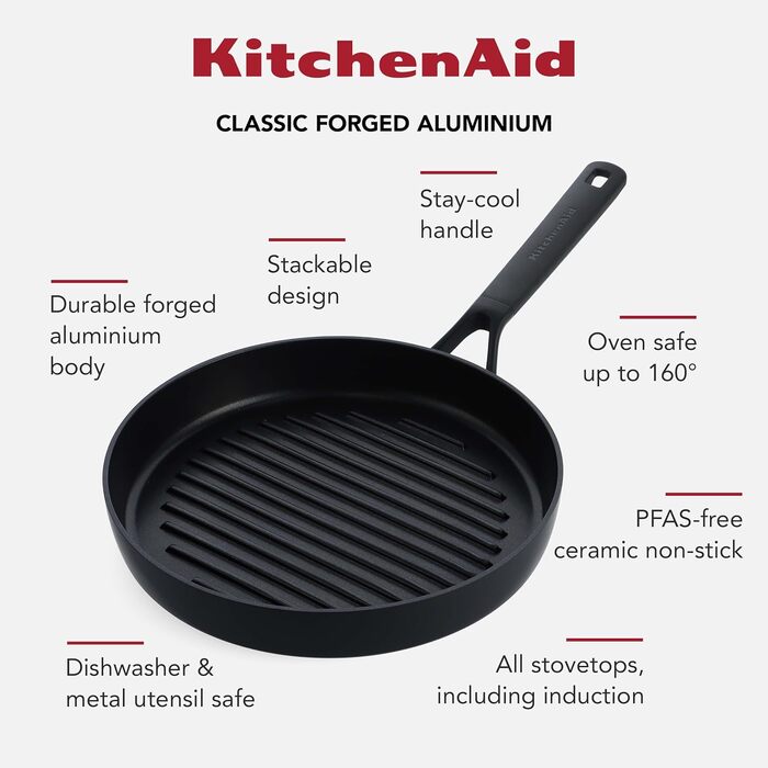 Сковорода-гриль KitchenAid 28 см Classic з антипригарним покриттям, алюміній, для індукційних плит, сумісна з духовкою до 160°C, можна мити в посудомийній машині