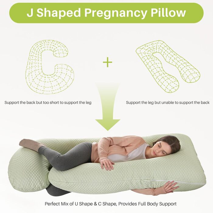Подушка для вагітних GKXLH - J-подібна подушка для підтримки спини, живота та стегон. Знімний чохол з ефектом охолодження (Iced Bean Green)