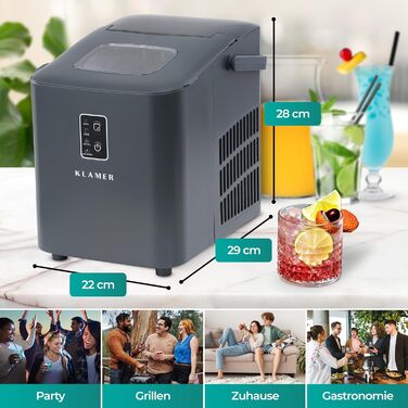 Льодогенератор KLAMER 24 кг/добу, 3 розміри льоду, 2.2л резервуар, 130W, тихий, сірий