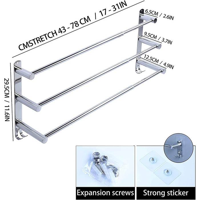 Рушникосушка з нержавіючої сталі 43-78 см без свердління, 3-шарова, для ванної та кухні