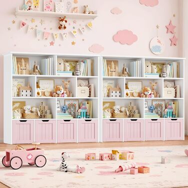 Дитяча полиця FOREHILL з коробками на колесах, 4 яруси, меблі для дитячої кімнати, іграшковий та книжковий стеллаж, рожевий, 125.5x33x118 см