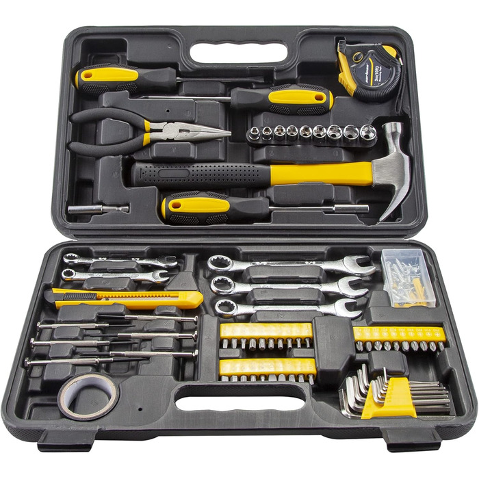 Набір інструментів CARTMAN 148 предметів для дому в пластиковому кейсі, синьо-жовтий