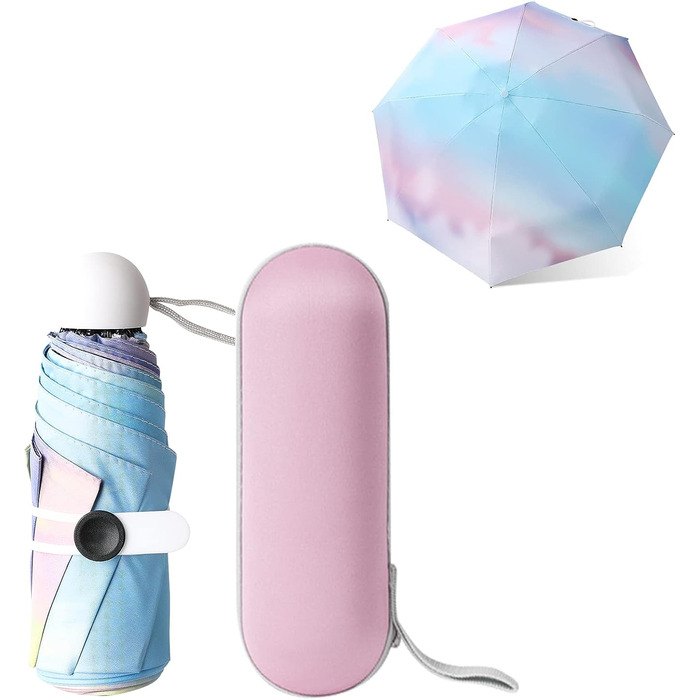 Парасолька для подорожей, кишенькова парасолька, компактна парасолька вітрозахисна міцна, 6 ребер складна міні-парасолька з капсульним рукавом, сонцезахисна парасолька від ультрафіолету, райдужна парасолька Штормовий для чоловіків Жінки рожевий