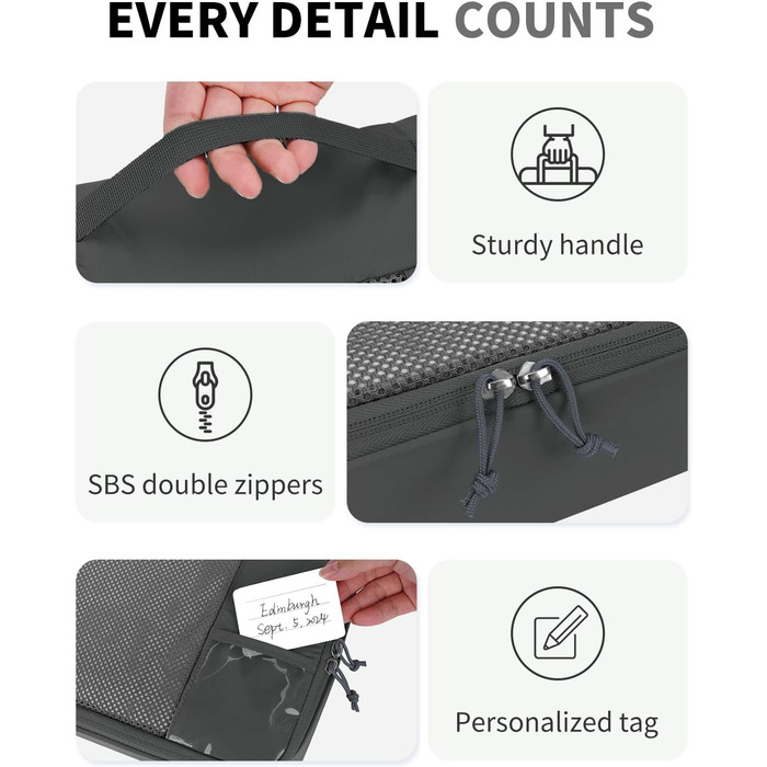 Набір органайзерів для валізи ECOHUB, 6 предметів, дорожні компресійні сумки з ID-тегами з перероблених матеріалів, дихаючі органайзери для подорожей та рюкзака, темно-сірі