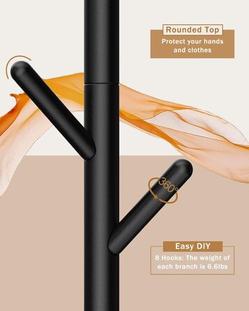 Дерев'яна вішалка для одягу Yawinhe, 180 см, 8 гачків, 3 рівня висоти, чорна