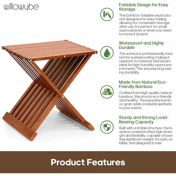 Складаний табурет для сауни та душу WILLOWYBE – водовідштовхувальна бамбукова лавка, багатоцільовий стілець для ванної кімнати та парильні (Темно-коричневий)