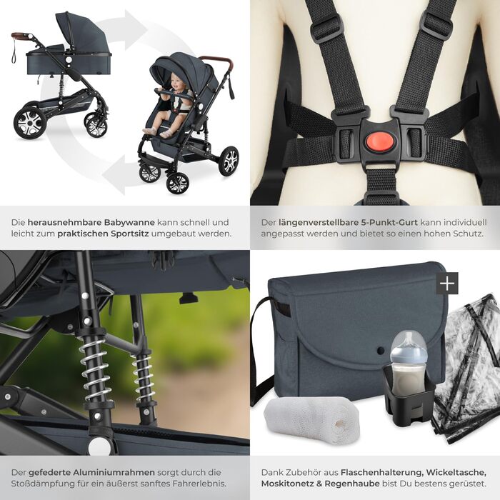 Дитяча коляска Tectake 2 в 1, розкладна, з люлькою, вагончиком, підстаканником, дощовиком, сірого кольору