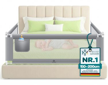 Захисний бортик для ліжка KESSER 200 см, сірий. Бортик для дитячого ліжка, захист від випадання, складаний та регульований по висоті, сітка Mesh, з кишенею