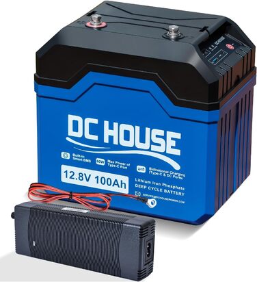 Акумуляторна батарея DCHOUSE 12V 100Ah LiFePO4 із зарядними пристроями на 10 А, оновлений BMS 100 А, до 15000 циклів, літієва батарея 1280 Втгод, ідеально підходить для автофургону, сонячної системи, каравану, човна, кемпінгу, автономного режиму (12 В 100