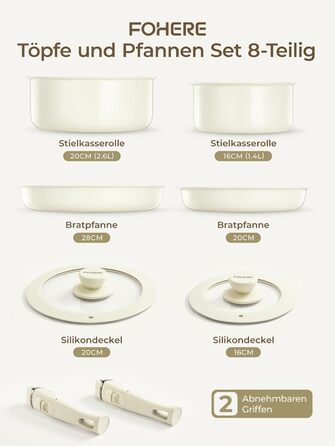 Набір посуду FOHERE 8 предметів: каструлі та сковороди з 2 знімними ручками, сковорода 20/28 см, каструлі 2.6/1.4 л, підходить для всіх плит (індукція), безпечний у духовці та посудомийній машині, бежевий