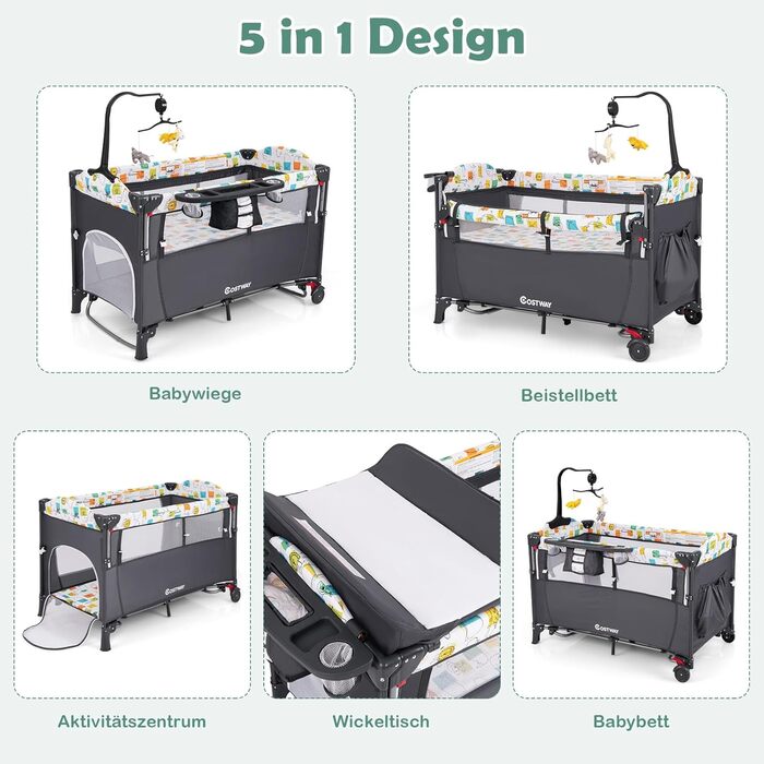 Дитяче ліжко-манеж COSTWAY 120x60 см з матрацом, пеленальним столиком, іграшками та музичною шкатулкою, сірий колір