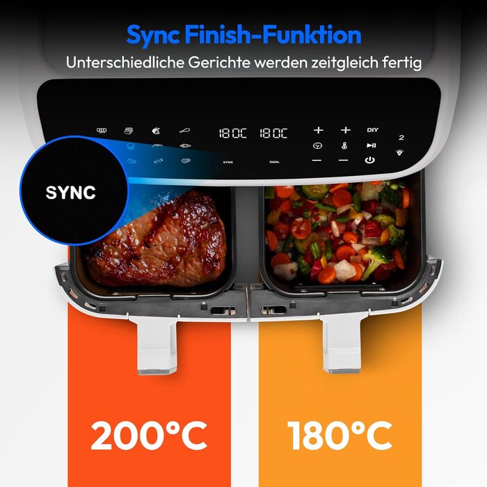 MEDION P20 XXL Фритюрниця для повітряного приготування з 2 камерами (8,7 л, Airfryer, 2600 Вт, подвійна камера, 10 автоматичних програм, 2 ящики, віконце, Dual Airfryer, ILAG PFAS-free, MD11760) матово-білий