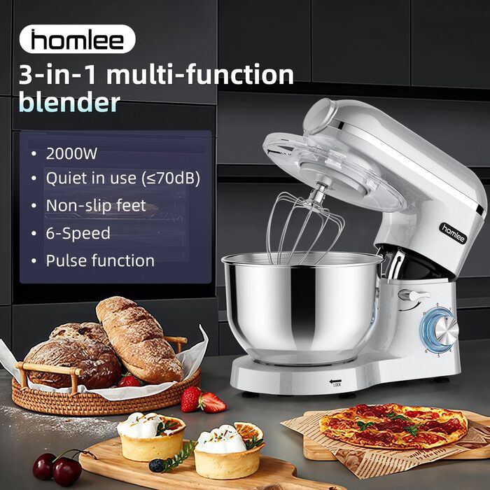 Універсальна кухонна машина 2000W 3-в-1 з м'ясоподрібником, соковитискачем та міткою, 5.5л чаша, срібна