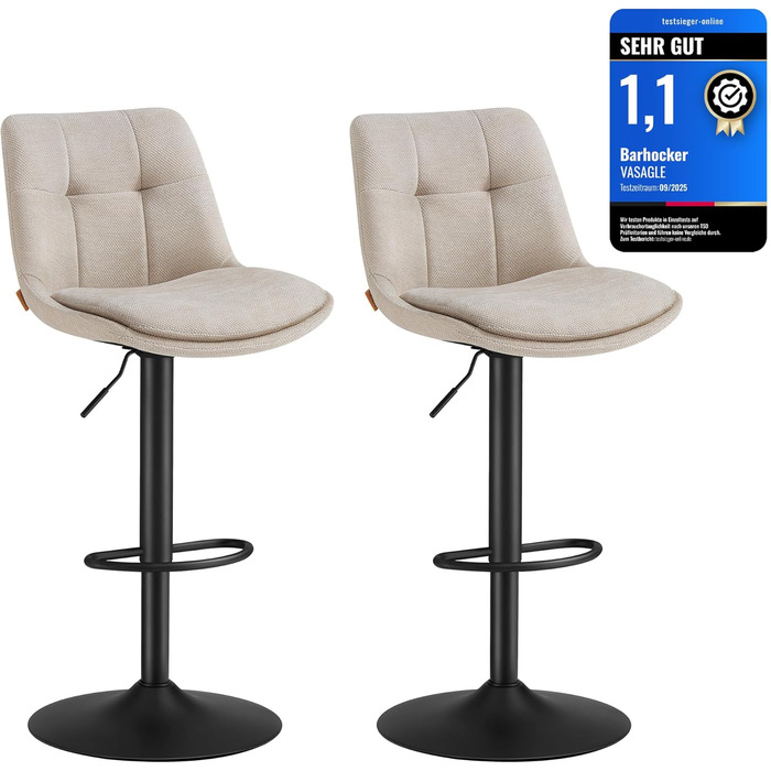 Барні стільці VASAGLE 2 шт., регульовані по висоті, обертаються, зі спинкою та підніжкою, для кухні, їдальні, бару, сталеві, LJB195G02 (кремово-білий, фланель)