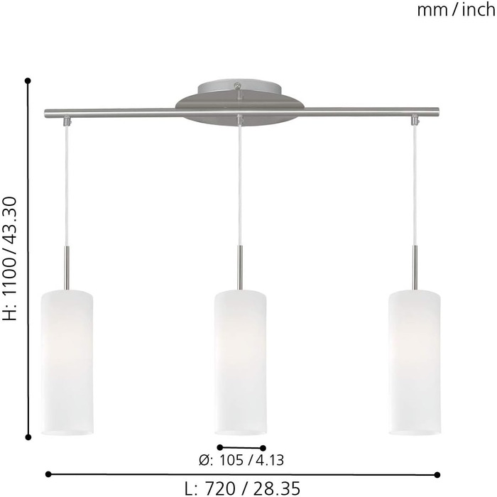 Підвісний світильник EGLO Troy 3, підвісний світильник 1 полум'я, матеріал сталь, колір матовий нікель, скло сатинований білий, цоколь E27, Ø 10,5 см (підвісний світильник 3 полум'я)