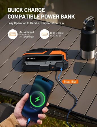 AstroAI MF16 Powerbank для запуску авто з компресором 150 PSI, 6000A, для 12V авто, мотоциклів, SUV, з LED-дисплеєм, помаранчевий