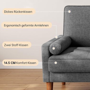 Диван Vesgantti 2-місний, 121 см, сучасний, з 2 подушками, сірий, для вітальні/квартири/офісу