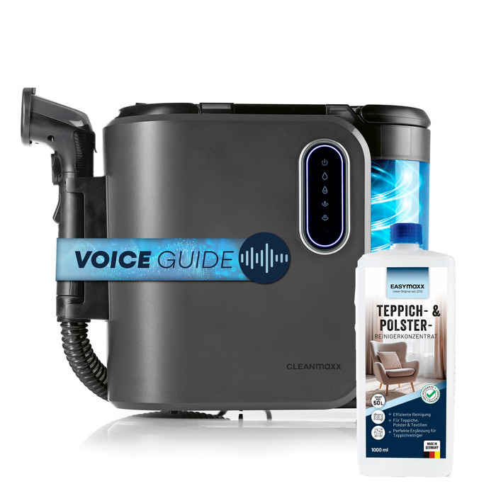 CLEANmaxx Професійний пароочисник та чистий для килимів та оббивки | EASYmaxx засіб для чищення килимів | Миючий пилосос для диванів, авто, килимів, оббивки та ін. | Плямисто-видалятор чорного кольору з шампунем Pro Steam Touch 2000W