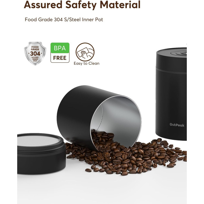 OUTPEAK Neo 2025 Kilo Auto-Vakuum-Kaffeedose: Контейнер для кави з автоматичним вакуумом, 1,5 л, для 500 г кавових зерен, з нержавіючої сталі, для бариста, чорний матовий (SG750)