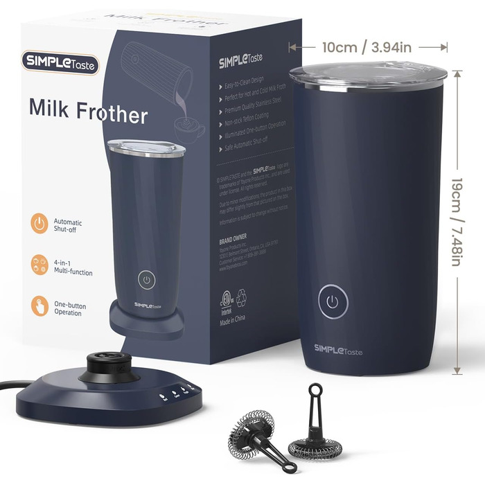 Електричний спінювач молока SIMPLETASTE 4-в-1: гарячий та холодний спінений молочний напій, підігрів молока, приготування какао, антипригарне покриття, автоматичне вимкнення, тиха робота, без BPA, для капучино та лате, темно-синій, з додатковою насадкою